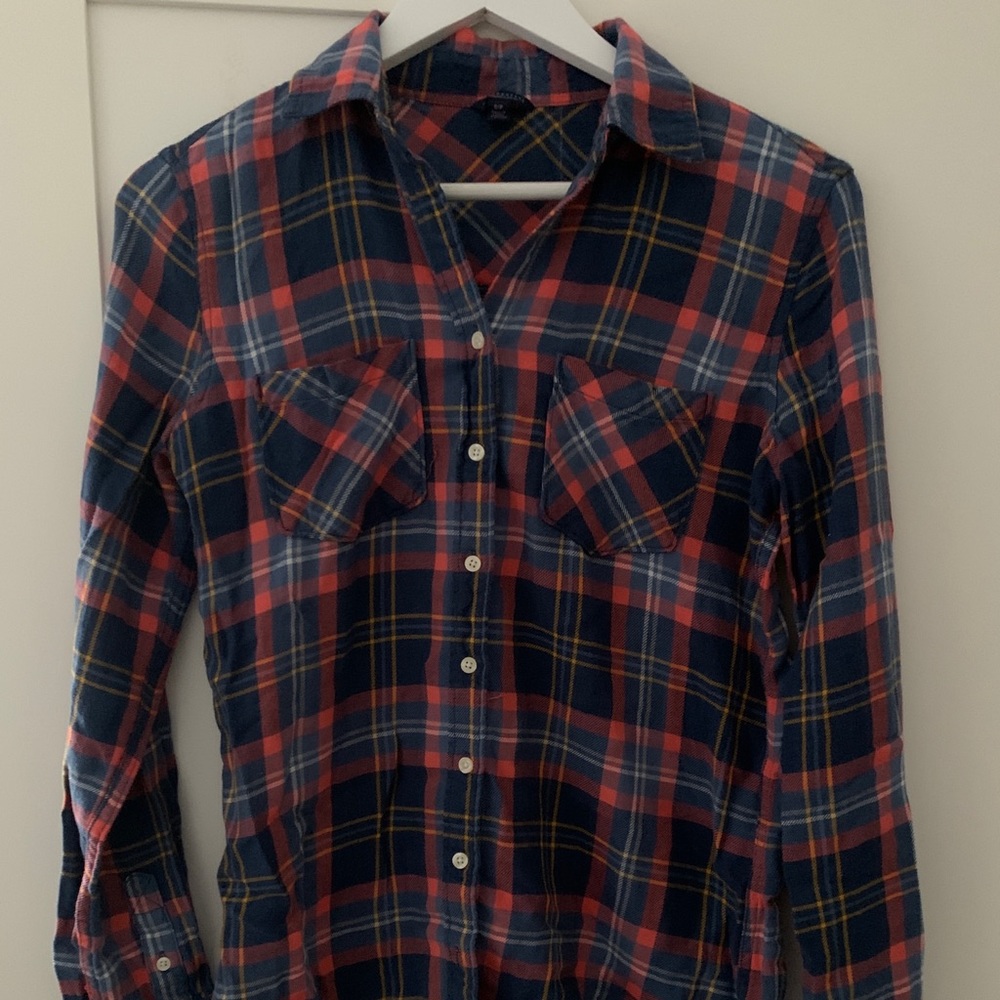 Blue, pink, white, and yellow plaid button down